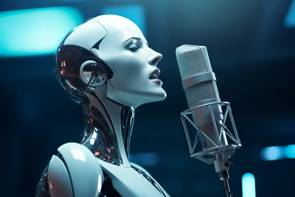 A humanoid robot with a sleek, white design and large headphones speaks into a silver microphone, representing advanced AI voice synthesis and Sonic AI Voice technology.