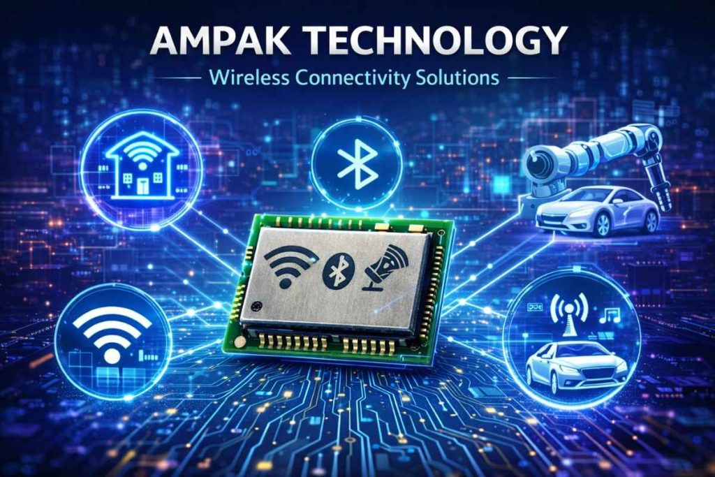Ampak Technology wireless module connecting smart home, Bluetooth devices, automotive, and industrial IoT applications via WiFi