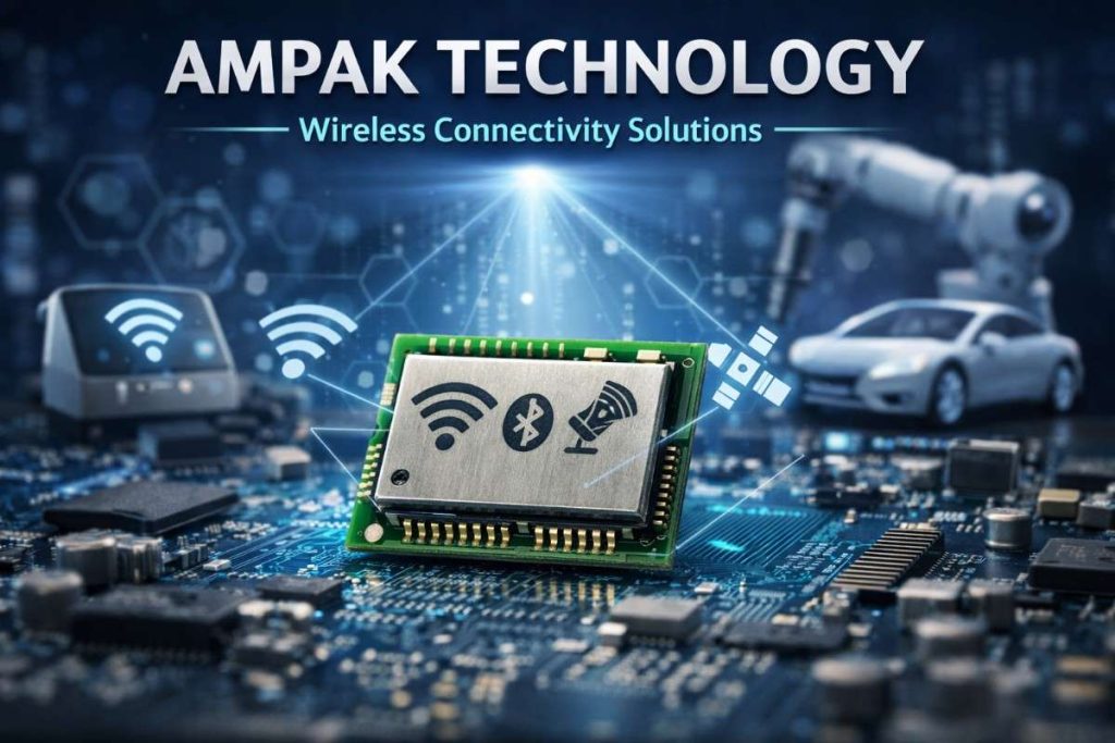 Ampak Technology wireless module on circuit board showing WiFi, Bluetooth, and NFC connectivity with IoT devices in background