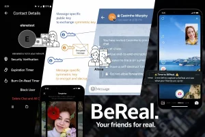 A collage of Snapchat alternative app screens featuring a secure messaging app with security verification, expiration timer, and burn-on-read settings; an end-to-end encryption key diagram; a Telegram secret chat interface; BeReal's spontaneous photo capture notification; and Instagram Reels templates — highlighting top privacy-focused and authentic social media Snapchat alternatives.