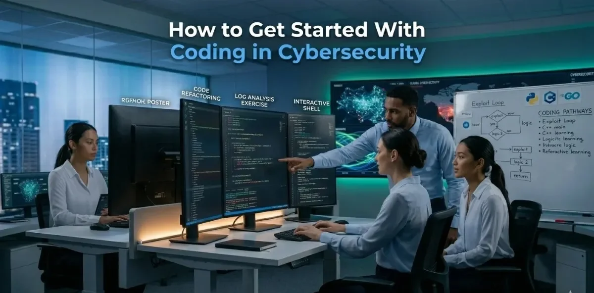 A cybersecurity team learning coding in a modern SOC lab, with monitors displaying code refactoring, log analysis exercises, and an interactive shell, alongside a whiteboard showing coding pathways in Python, C++, and Go for cybersecurity careers.