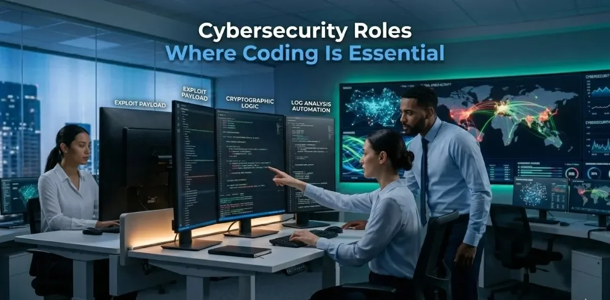 Cybersecurity professionals reviewing exploit payload, cryptographic logic, and log analysis automation code on multiple monitors in a SOC environment — highlighting the coding-intensive roles within cybersecurity.