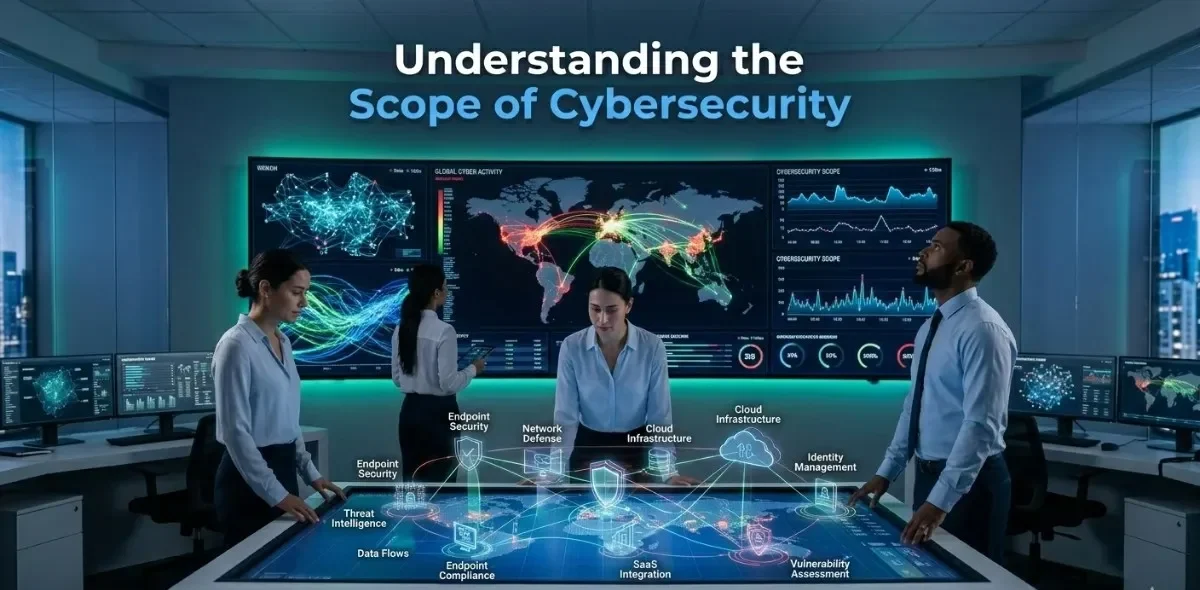 A cybersecurity operations team analyzing threat intelligence, network defense, cloud infrastructure, and endpoint security on interactive digital dashboards — illustrating the broad scope of cybersecurity roles, including both coding and non-coding functions.