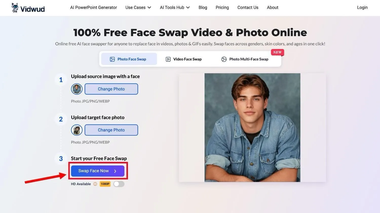 Vidwud AI face swap tool showing how to upload images and start free face swapping online