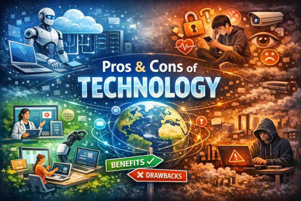 A visual guide illustrating the pros and cons of technology, showing AI robots, global connectivity, telemedicine, and cybersecurity threats — Guide ETSJavaApp