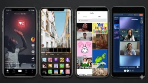 Four smartphones and a tablet displaying popular Snapchat alternative apps including TikTok's For You feed, a video creation screen with trending filters and effects, a GIPHY GIF search interface, and a Restream live streaming dashboard — showcasing diverse social media and content sharing options.
