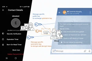 A composite image showing three privacy-focused messaging app screens — a contact details panel with security verification, expiration timer, and burn-on-read settings; a diagram illustrating end-to-end encryption using public and symmetric keys; and a Telegram secret chat screen with features including end-to-end encryption, no server trace, self-destruct timer, and no forwarding — representing secure Snapchat alternative apps.