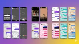 A collection of mobile app UI screens showcasing a Snapchat alternative with features including stories, reels, direct messaging, emoji reactions, group chats, and customizable chat themes displayed across multiple smartphones on a purple and yellow gradient background.