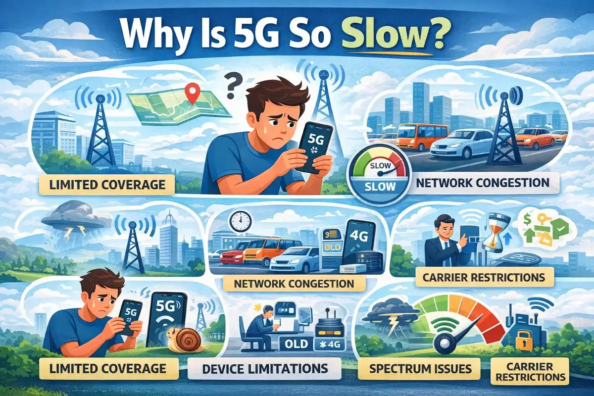 Infographic answering why is 5G so slow, illustrating six causes including limited coverage, network congestion, device limitations, spectrum issues, and carrier restrictions, with a frustrated man holding a 5G smartphone