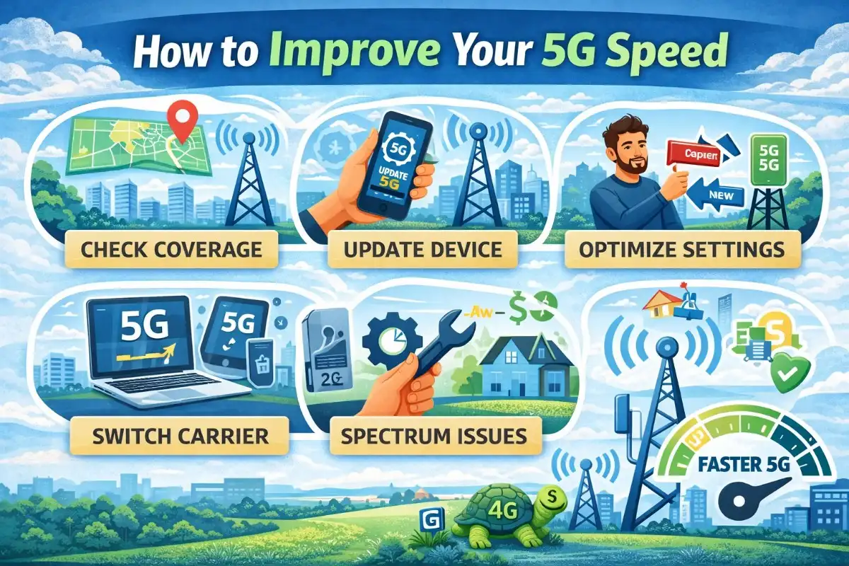 Infographic on how to improve 5G speed for those wondering why is 5G so slow, showing five tips: check coverage, update device, optimize settings, switch carrier, and fix spectrum issues, with a faster 5G speed meter graphic