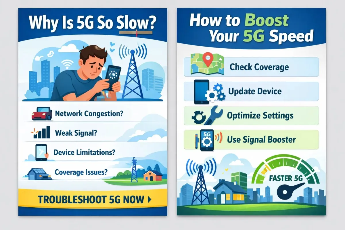 Infographic explaining why is 5G so slow, listing causes like network congestion, weak signal, device limitations, and coverage issues, alongside tips to boost 5G speed including checking coverage, updating your device, optimizing settings, and using a signal booster