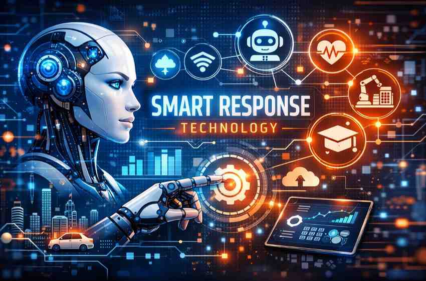 AI robot with smart response technology interface showing connected icons for chatbot, WiFi, healthcare, manufacturing, and education