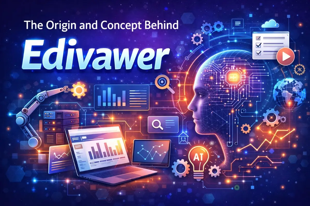 The origin and concept behind Edivawer illustrated through an AI human face with circuit patterns, robotic arms, data analytics dashboards, and global digital connectivity icons on a dark blue tech background