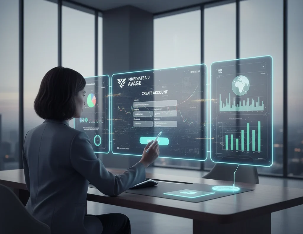 Professional trader creating account on Immediate 1.0 Avage platform using holographic interface with global market analytics