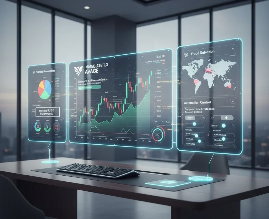 Immediate 1.0 Avage holographic trading interface displaying AI-powered analytics, fraud detection, and automation controls