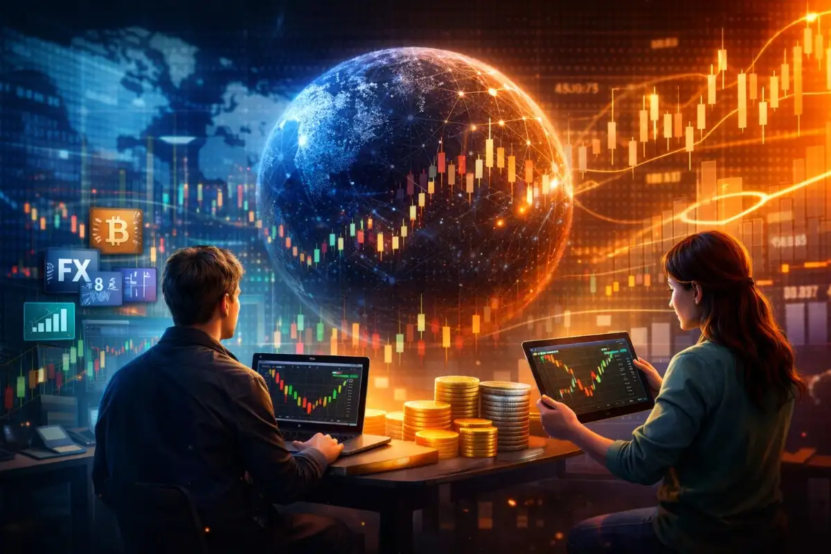 Two traders using Immediate 1.0 Avage platform analyzing cryptocurrency and forex charts with global market data visualization