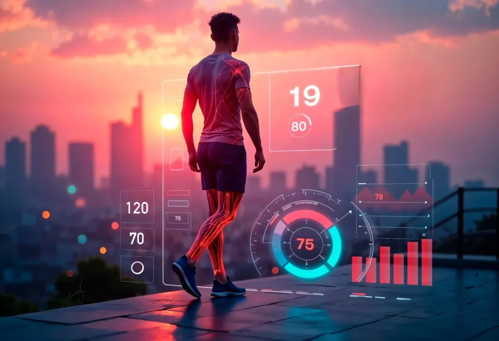 Tech Etruesports runner with holographic biometric data overlay showing heart rate, speed metrics, and performance analytics against city skyline at sunset