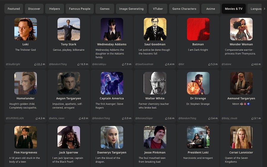 Old Character AI interface showing multiple fictional and entertainment AI characters