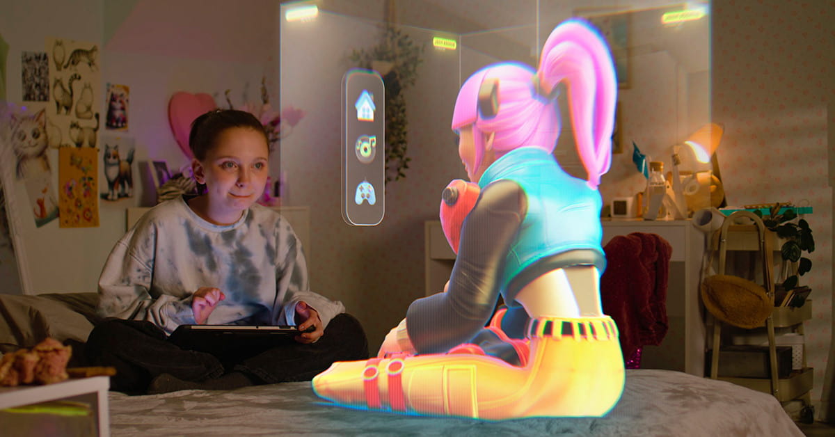Old Character AI holographic virtual character interacting with a child using a tablet