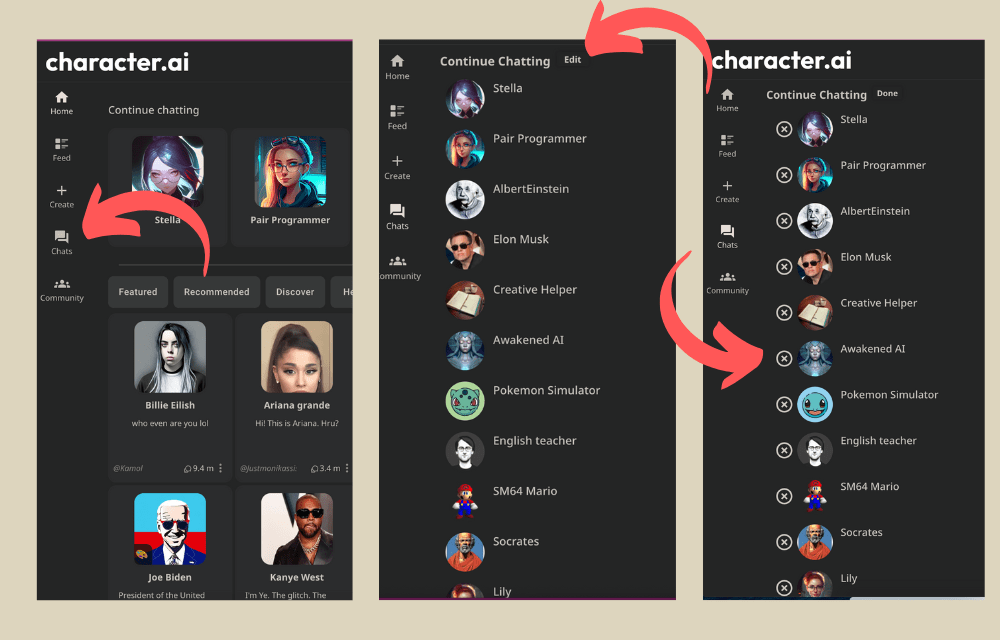 Old Character AI interface showing continue chatting screen and list of AI characters