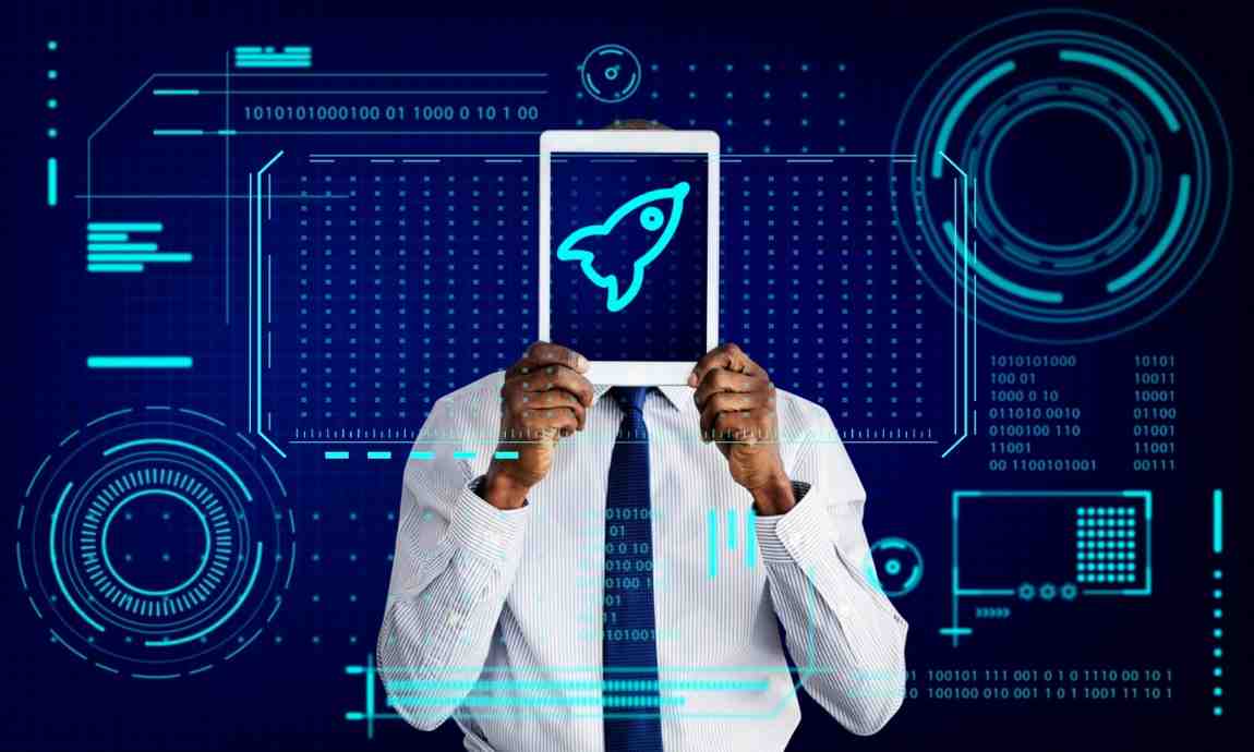Business professional holding tablet displaying rocket icon symbolizing tech startup growth against futuristic digital interface