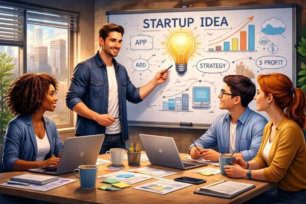 Tech startup team in business meeting with entrepreneur presenting startup idea on whiteboard showing strategy, profit, and growth charts