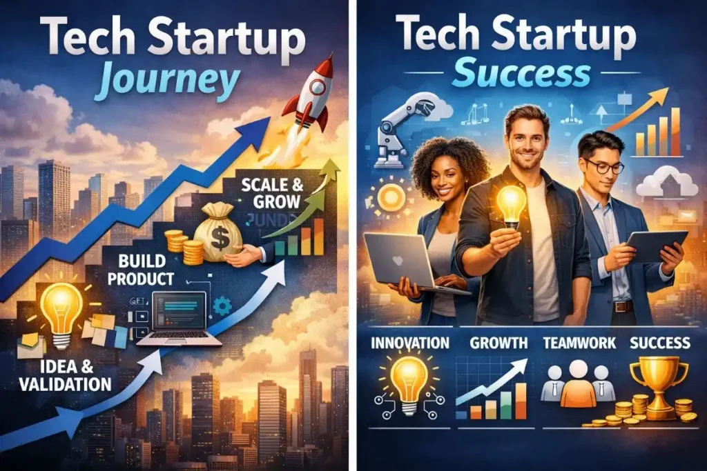 Tech startup infographic showing journey from idea validation to success with entrepreneurs, growth charts, and innovation symbols