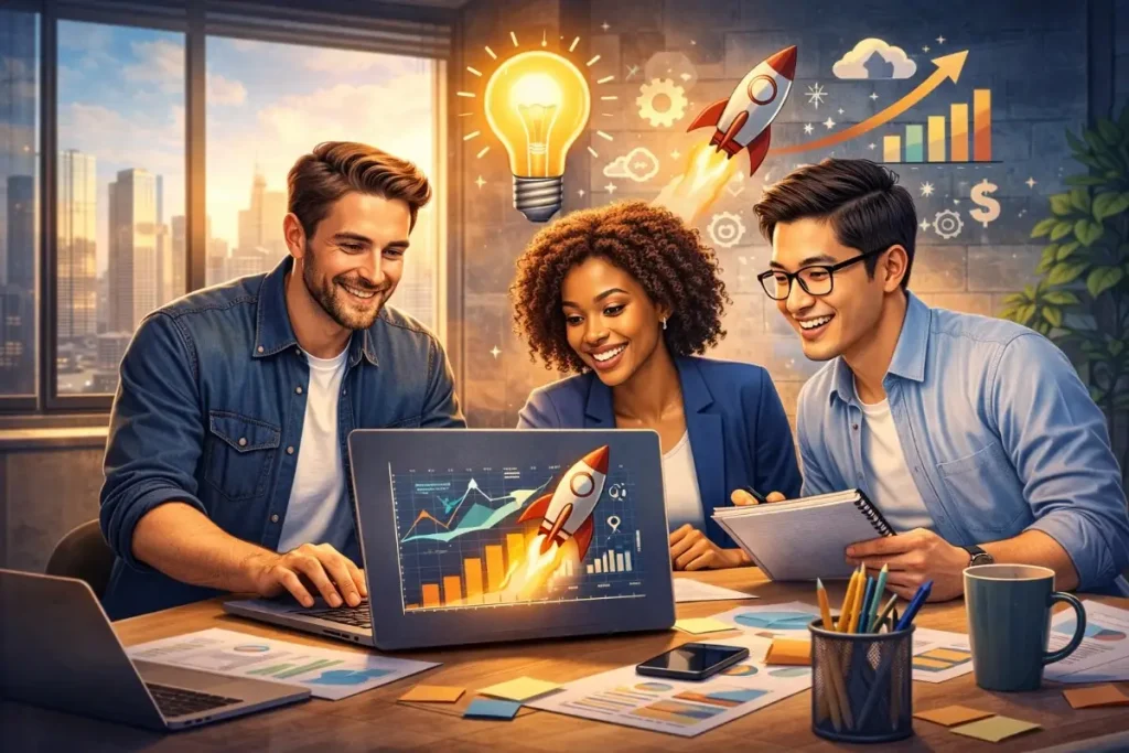 Diverse tech startup team celebrating business growth with laptop showing rocket launch analytics and innovation idea symbols
