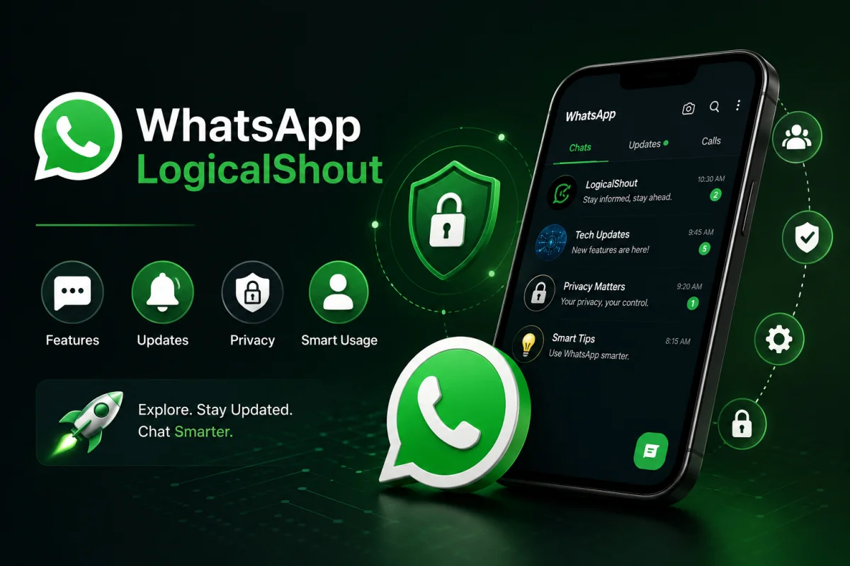 A digital graphic showcasing WhatsApp LogicalShout, featuring a smartphone interface alongside circular icons for Features, Updates, Privacy, and Smart Usage.