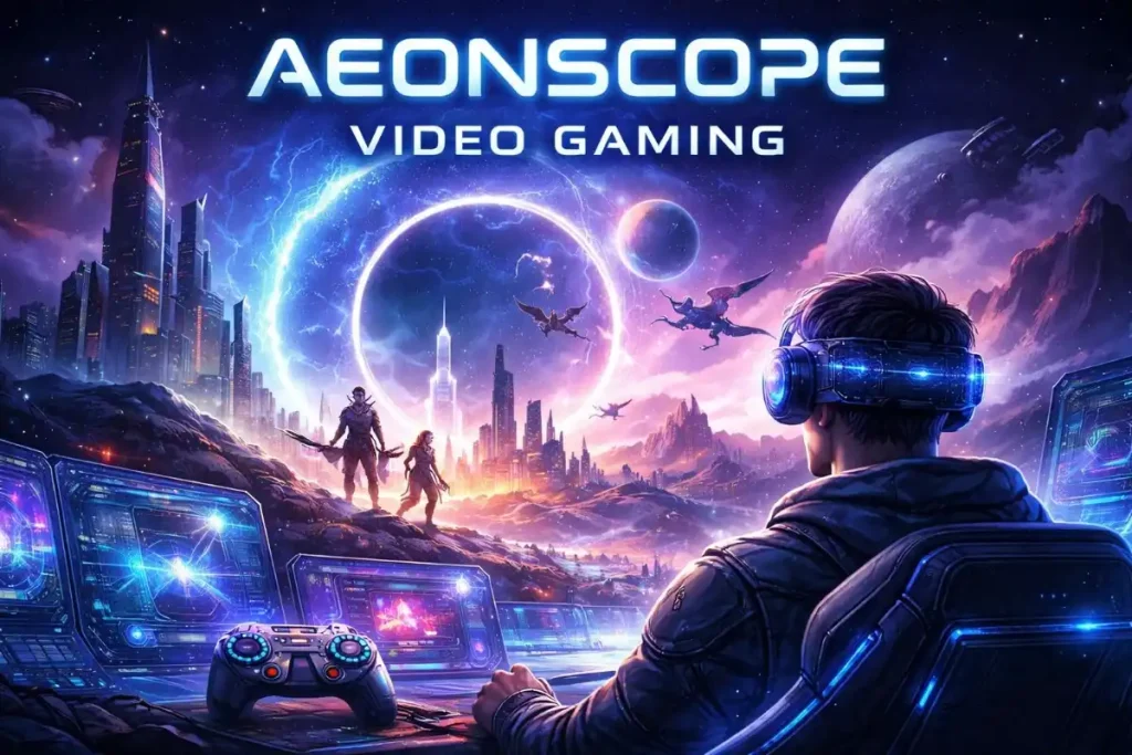 Aeonscope video gaming player wearing futuristic VR headset viewing epic sci-fi landscape with holographic displays, game controllers, cosmic portals, and characters exploring alien cityscape