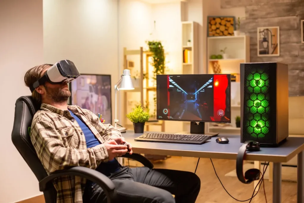 Professional gamer enjoying Aeonscope video gaming with VR headset on powerful gaming PC featuring green RGB lighting, dual monitors, gaming chair, and immersive home setup in modern living room