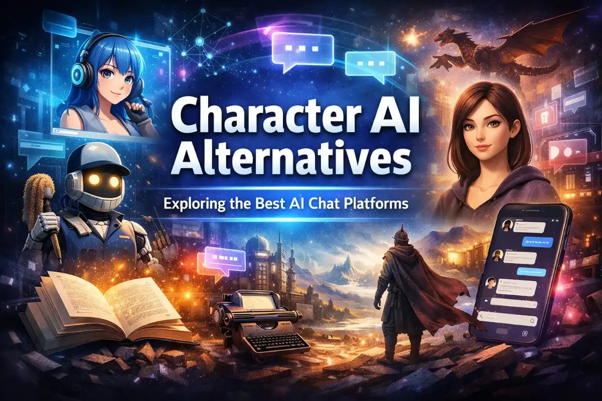A cinematic digital illustration showcasing character AI alternatives, featuring anime characters, a robot, a fantasy warrior, a dragon, a typewriter, an open book, and a smartphone with chat bubbles, representing the best AI chat platforms.