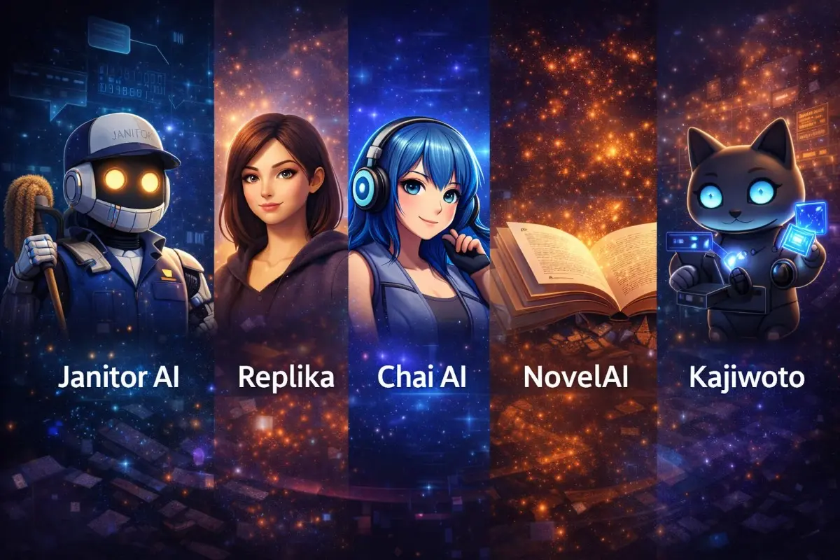 Five character AI alternatives displayed in side-by-side panels — Janitor AI as a robot, Replika as a realistic woman, Chai AI as a blue-haired anime girl, NovelAI as a glowing open book, and Kajiwoto as a cyber cat — set against a starry cosmic background.