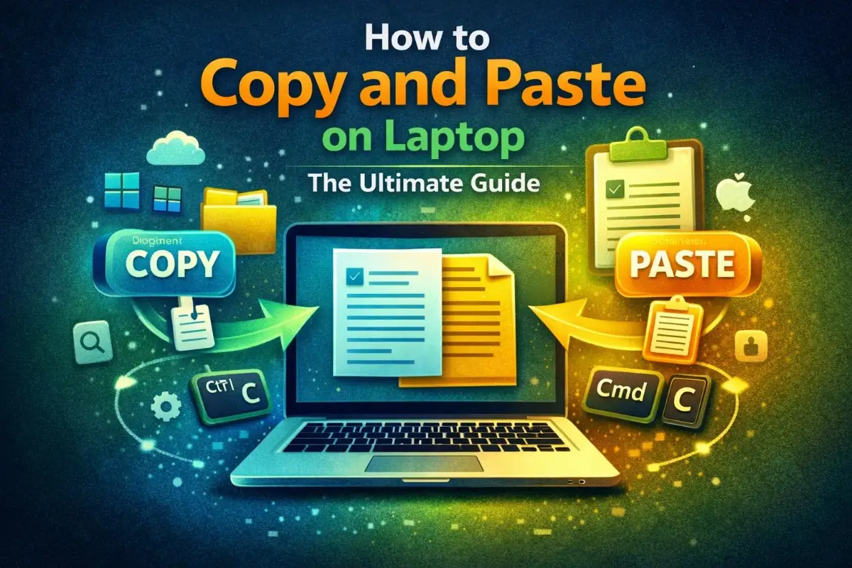 How to copy and paste on laptop ultimate guide banner showing Ctrl+C and Cmd+C keyboard shortcuts, document icons, copy and paste buttons, Windows and Mac logos around a laptop screen