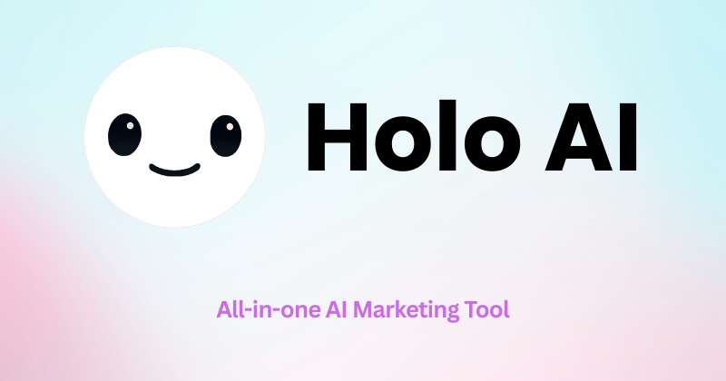 Official logo and branding for Holo AI, an all-in-one AI marketing tool, featuring a cute white mascot on a pastel gradient background.