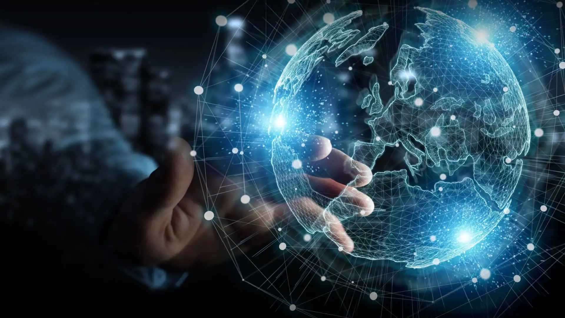 A person interacting with a glowing digital globe using Holo AI interface technology in a futuristic setting.