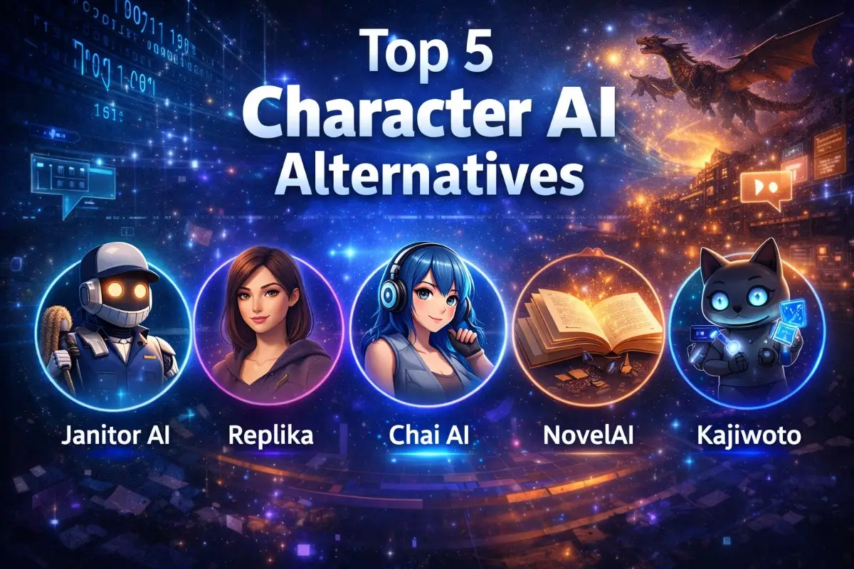 Infographic showing the top 5 character AI alternatives — Janitor AI, Replika, Chai AI, NovelAI, and Kajiwoto — each represented by a unique illustrated avatar in glowing circular frames against a cosmic fantasy background.