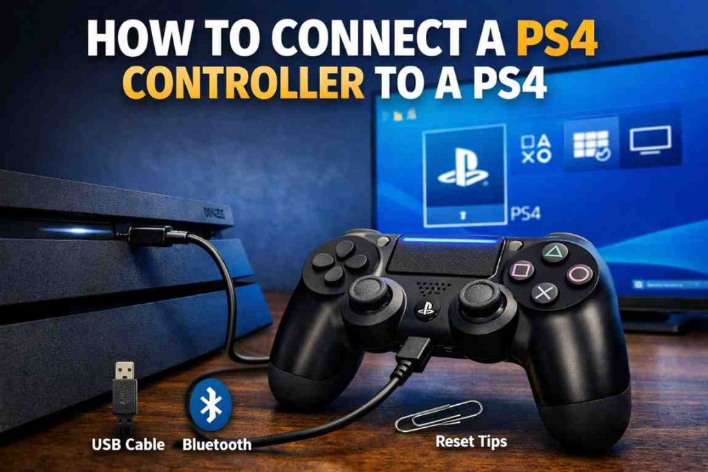 PS4 DualShock controller connected to PS4 console via USB cable with Bluetooth icon showing wireless connection methods and setup