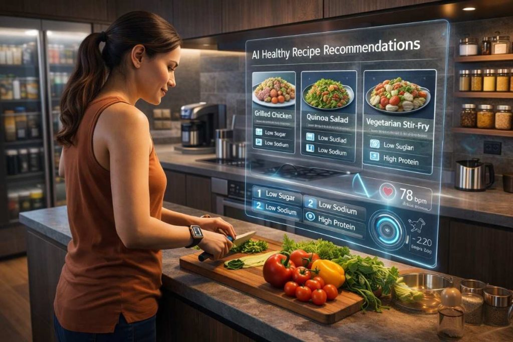 AI kitchen design displaying healthy recipe recommendations, nutrition tracking, and smart cooking assistance in a modern kitchen
