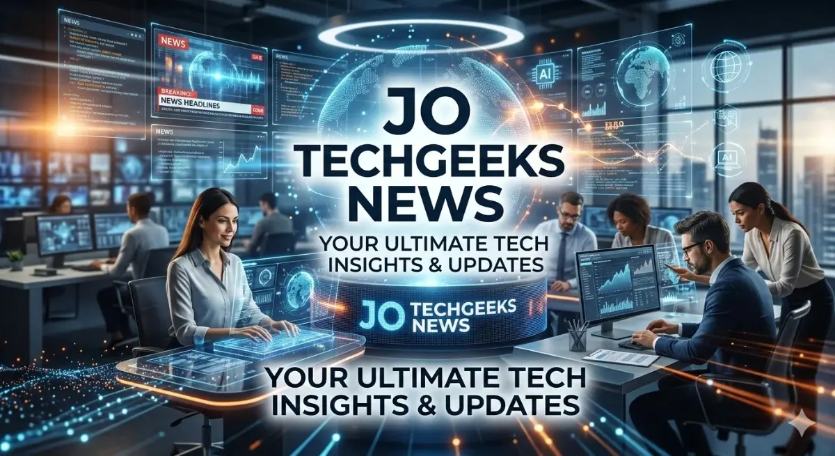 A futuristic high-tech newsroom for JO TechGeeks News featuring a diverse team of professionals working at holographic displays and monitors showing breaking news headlines, AI data visualizations, global maps, and market analytics, centered around a glowing branded news desk.