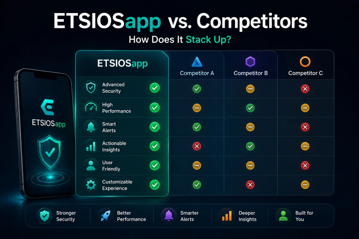 An infographic grid comparing ETSIOSapp vs Competitors A, B, and C ahead of the ETSIOSapp Release Date, mapping features like security and performance.