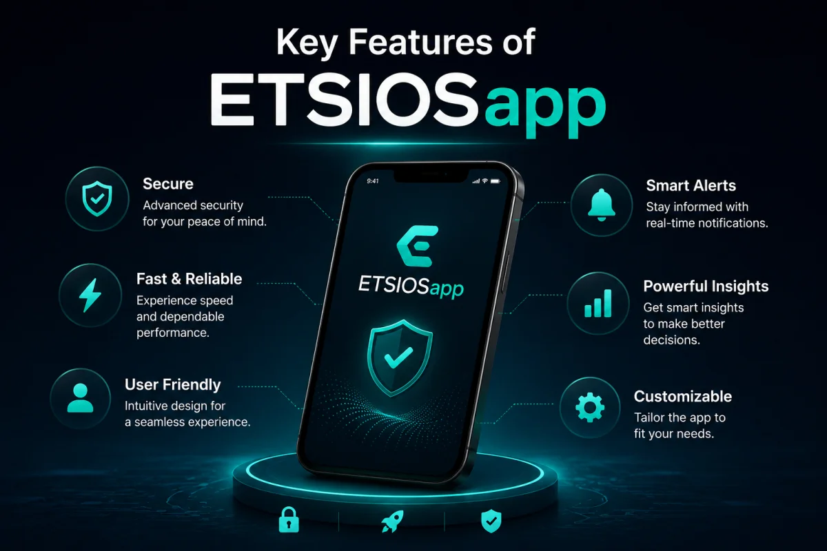 An official infographic highlighting core application features ahead of the ETSIOSapp Release Date, showing a smartphone alongside icons for security, speed, smart alerts, and analytics.
