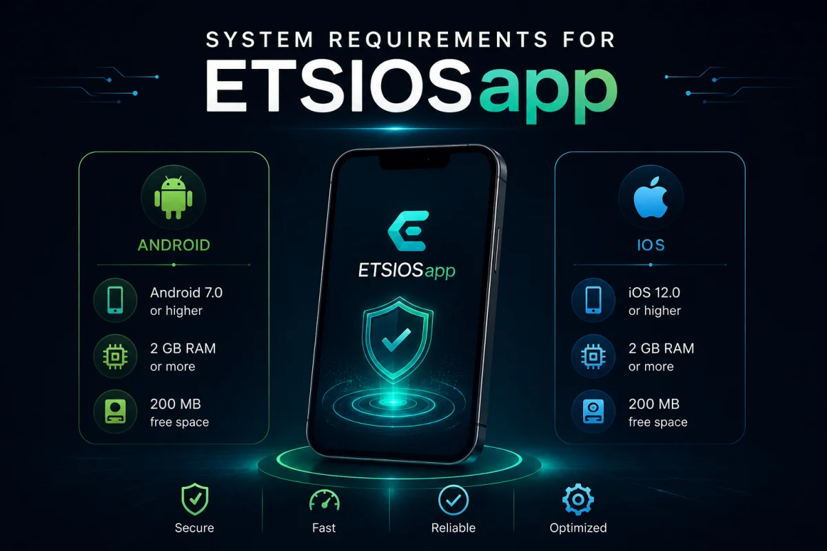 An official infographic detailing Android and iOS hardware specifications ahead of the ETSIOSapp Release Date, showing a mobile phone on a glowing podium.