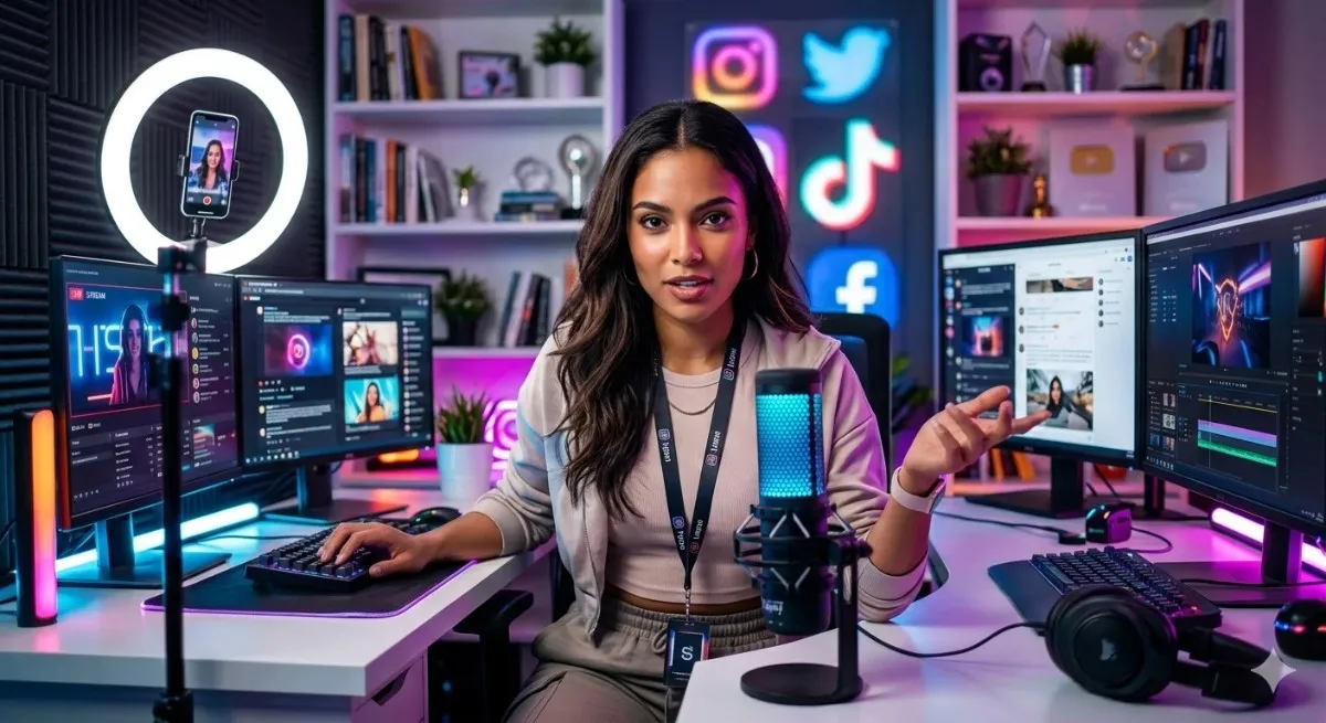 A young female content creator sitting at a professional streaming desk with multiple monitors, a ring light, a glowing USB microphone, and a smartphone on a tripod, surrounded by illuminated Instagram, Twitter, TikTok, Facebook, and YouTube logos on a neon-lit studio shelf.
