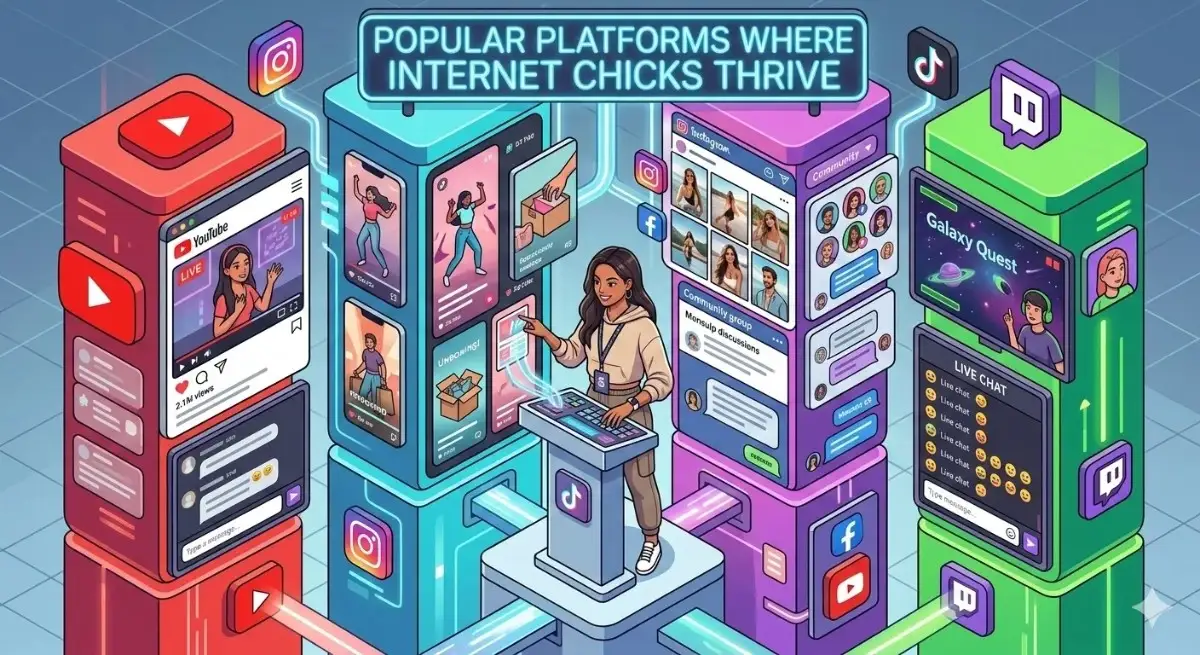 An isometric illustrated infographic showing a female content creator standing at a digital control panel surrounded by giant platform towers representing YouTube, TikTok, Instagram, Facebook, and Twitch — the popular platforms where internet chicks thrive.