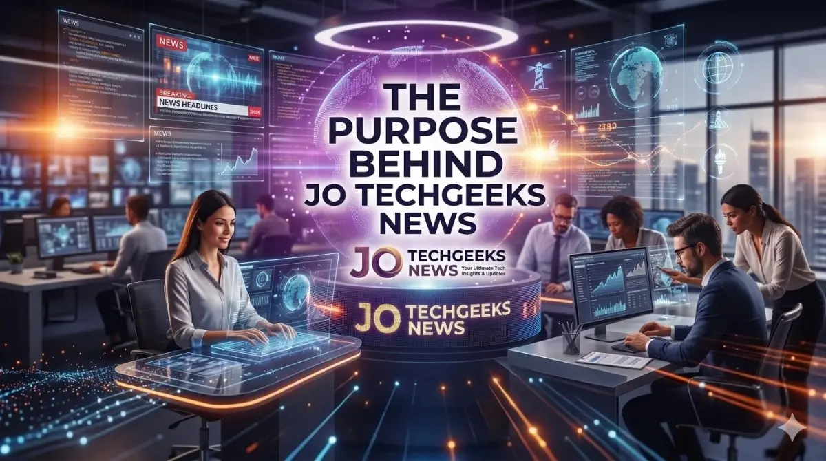 A high-tech futuristic newsroom with professionals analyzing holographic data screens, centered around the Jo TechGeeks News logo on a glowing digital globe, representing cutting-edge tech journalism.