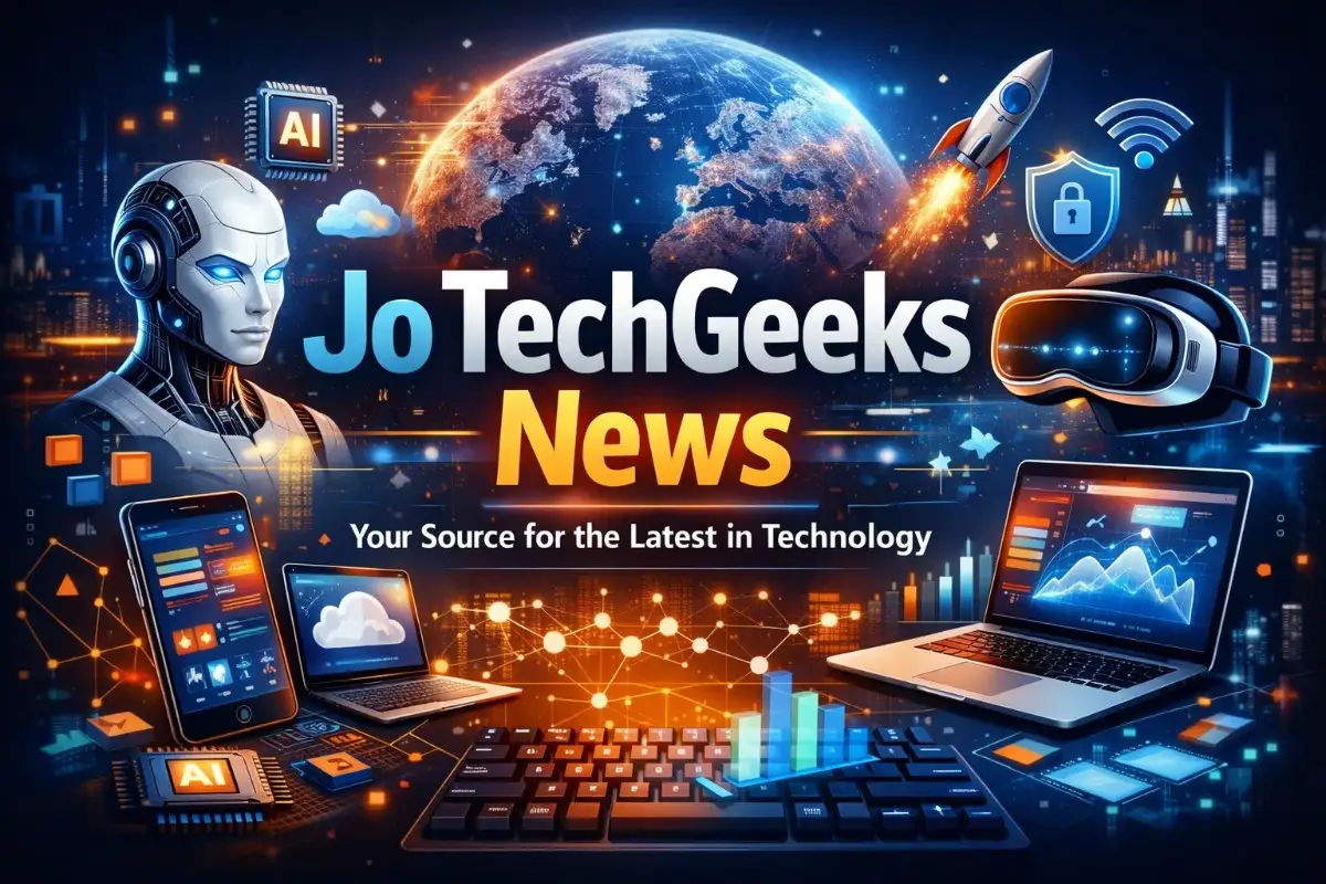 Jo TechGeeks News banner featuring an AI robot, VR headset, laptops, smartphones, and a glowing digital globe, representing the latest coverage in AI, cybersecurity, cloud computing, and emerging technology.