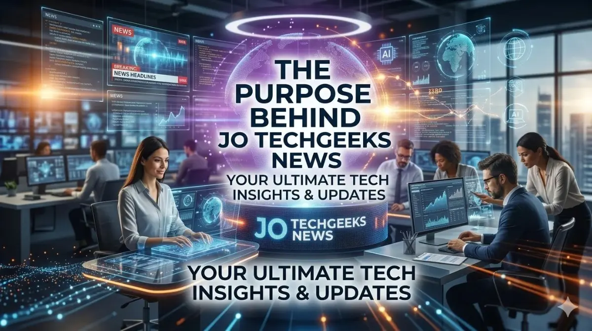A futuristic newsroom with professionals working on holographic displays, featuring the Jo TechGeeks News logo and the tagline "Your Ultimate Tech Insights & Updates" overlaid on a glowing digital globe.