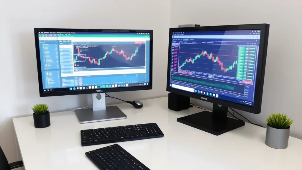 MyFastBroker professional trading desk with dual monitors displaying live stock charts, candlestick patterns, and real-time market data