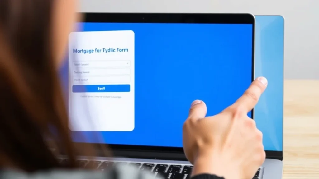 Person pointing at MyFastBroker mortgage application form on laptop screen with submit button and input fields